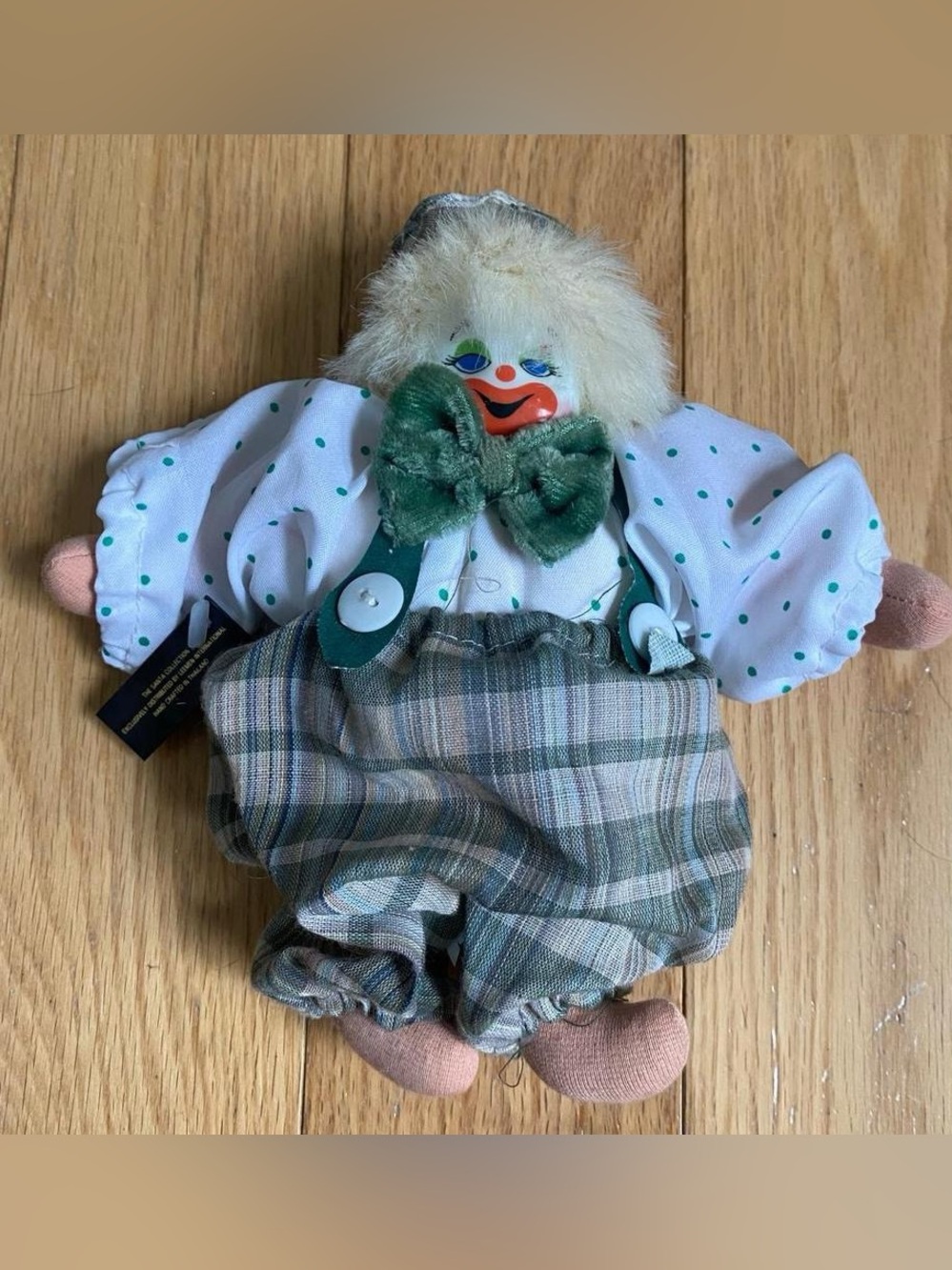 Vintage Q-tee Thailand Hand-painted Sand Filled Clown Doll with Plaid Overalls